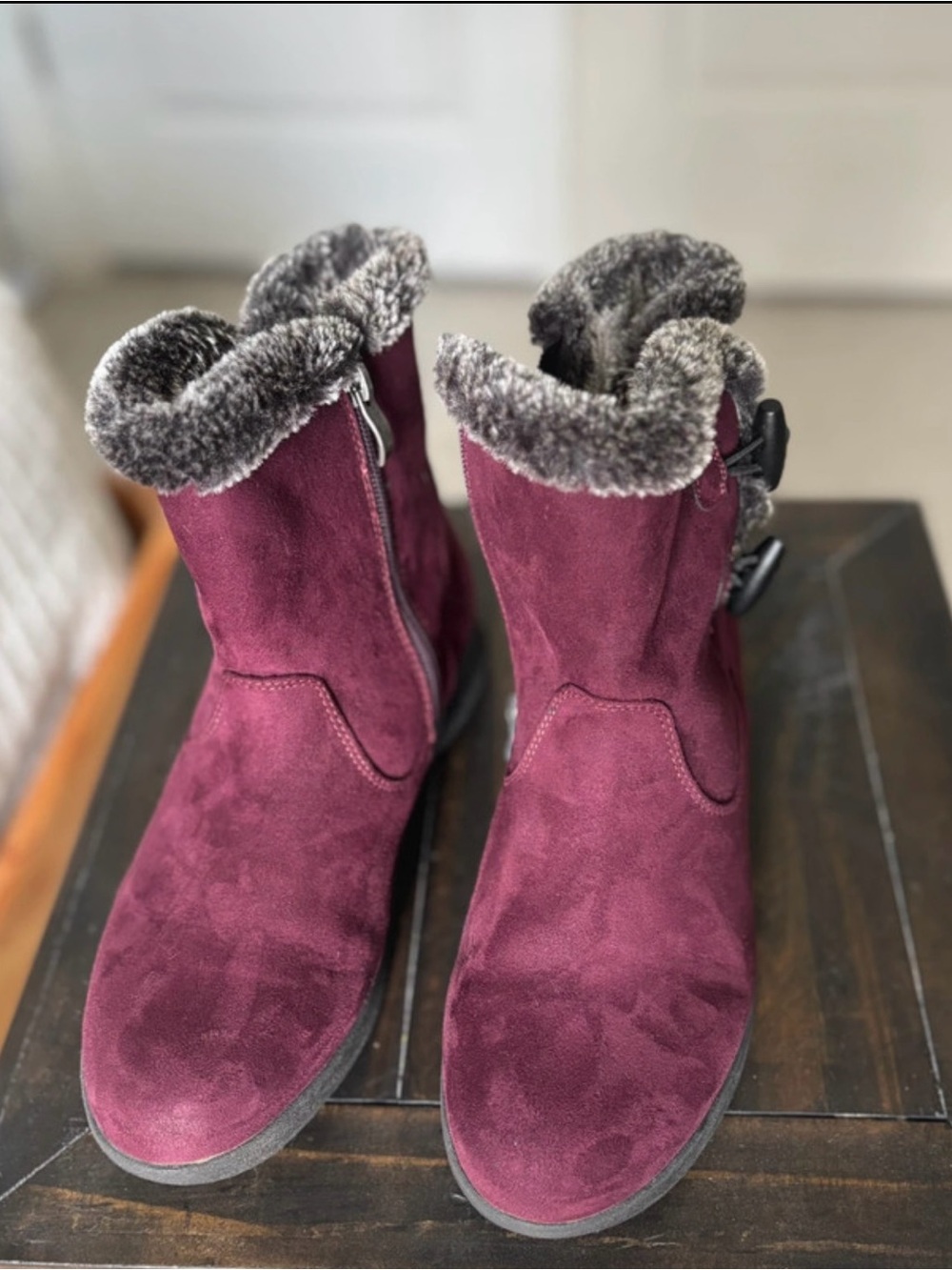 Women's Faux-Suede Burgundy Ankle Booties with Faux-Fur Cuff
